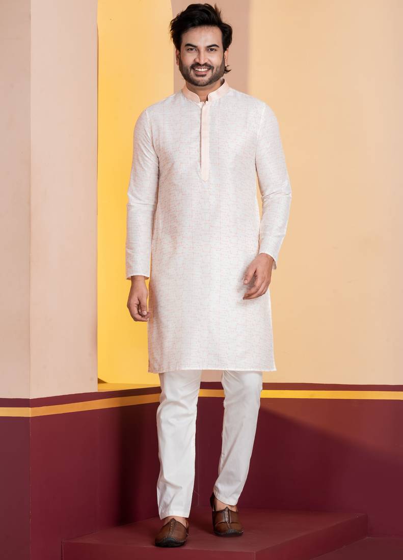 white silk blend kurta set for men with printed work