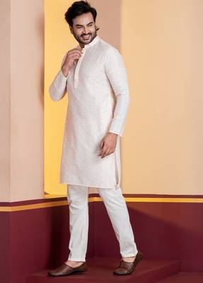 white silk blend kurta set for men with printed work 3