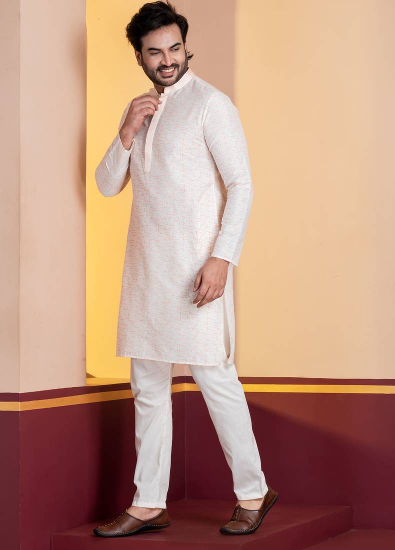 white silk blend kurta set for men with printed work
