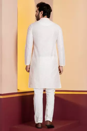 white silk blend kurta set for men with printed work