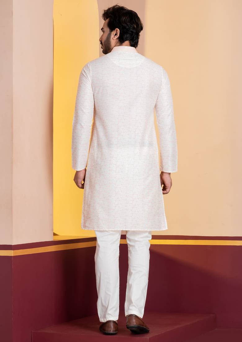white silk blend kurta set for men with printed work