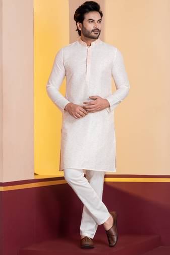 white  silk blend kurta,pyjama set for men with printed work