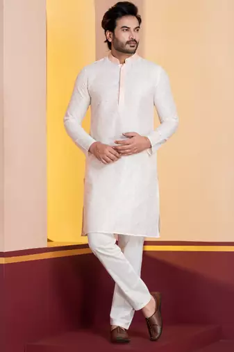 white silk blend kurta pyjama set for men with printed work
