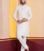 white silk blend kurta pyjama set for men with printed work