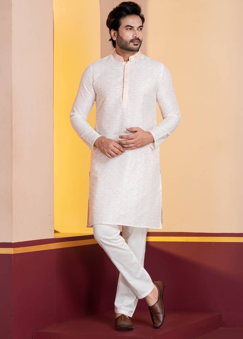 white silk blend kurta pyjama set for men with printed work