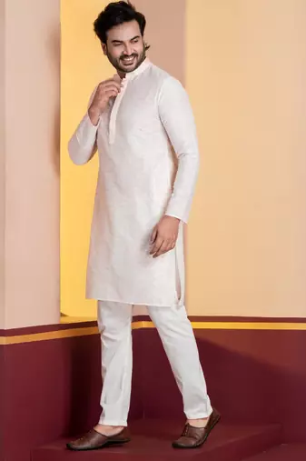 white silk blend kurta pyjama set for men with printed work