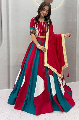 Rani Pink Beautifull multi colour kadi Cotton Navratri Lahenga Choli Set