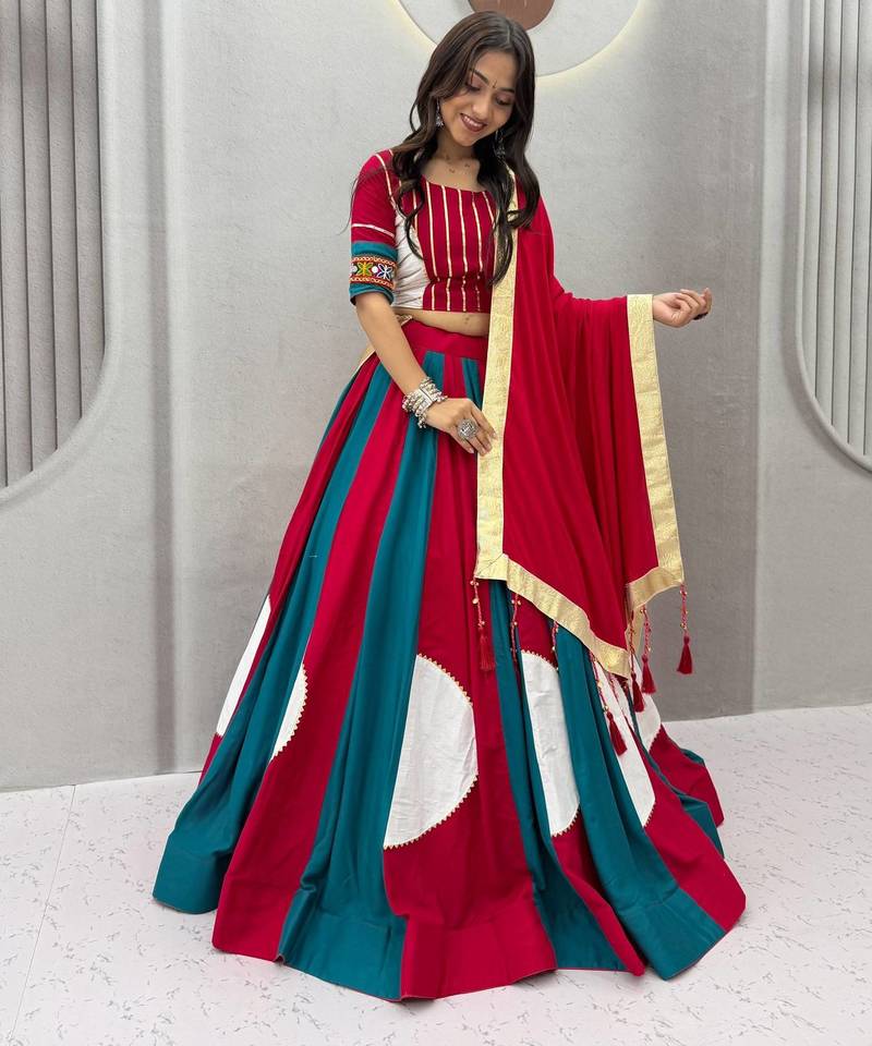 Rani Pink Beautifull multi colour kadi Cotton Navratri Lahenga Choli Set