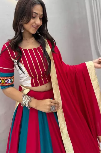Rani Pink Beautifull multi colour kadi Cotton Navratri Lahenga Choli Set