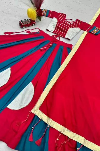 Rani Pink Beautifull multi colour kadi Cotton Navratri Lahenga Choli Set
