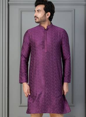purple silk blend kurta for men with embroidered work 1