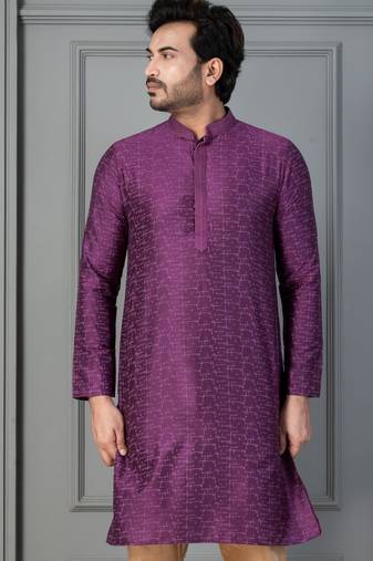 purple  silk blend kurta for men with embroidered work