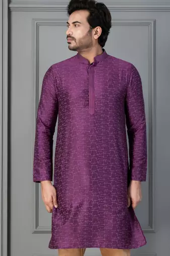 purple silk blend kurta for men with embroidered work