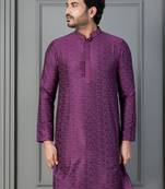 purple silk blend kurta for men with embroidered work