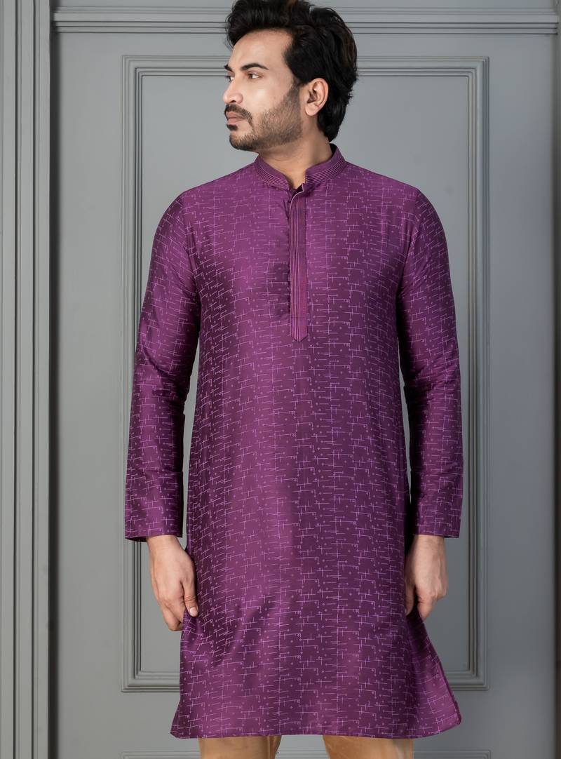 purple silk blend kurta for men with embroidered work