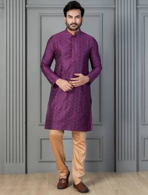 purple silk blend kurta for men with embroidered work 2