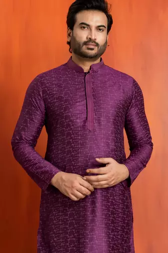 purple silk blend kurta for men with printed work