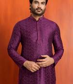 purple silk blend kurta for men with printed work