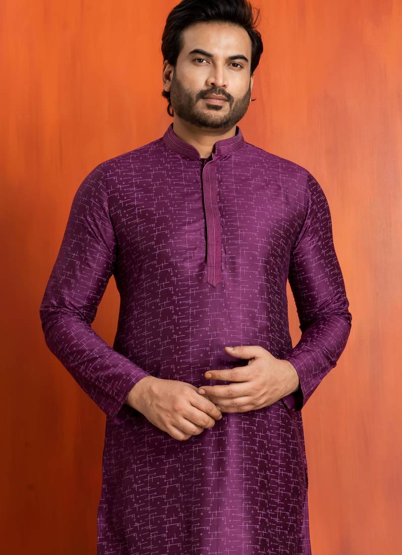 purple silk blend kurta for men with printed work