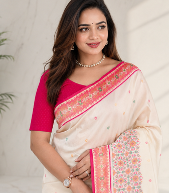 off white color multicolour woven butta multithread zari weaving silk blend saree