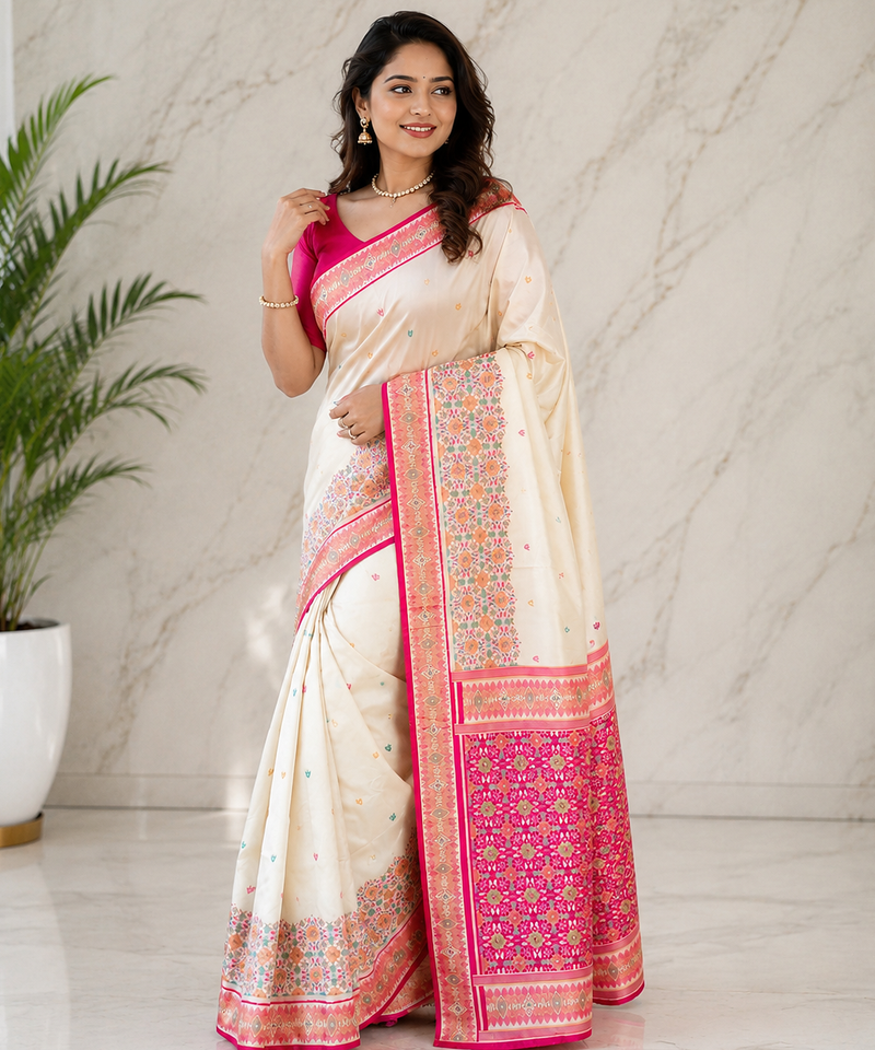 off white color multicolour woven butta multithread zari weaving silk blend saree
