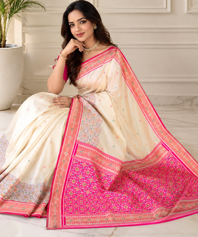off white color multicolour woven butta multithread zari weaving silk blend saree
