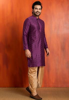purple silk blend kurta for men with printed work 3