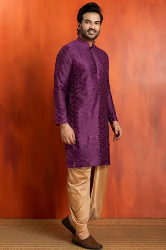 purple silk blend kurta for men with printed work