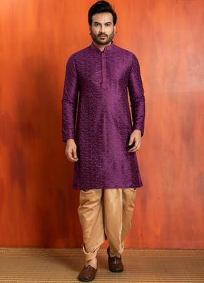 purple silk blend kurta dhoti set for men with printed work 1