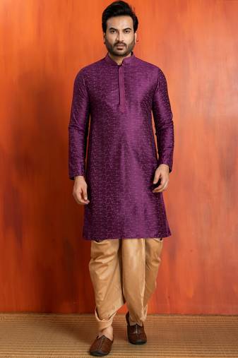 purple silk blend kurta dhoti set for men with printed work