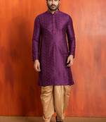 purple silk blend kurta dhoti set for men with printed work