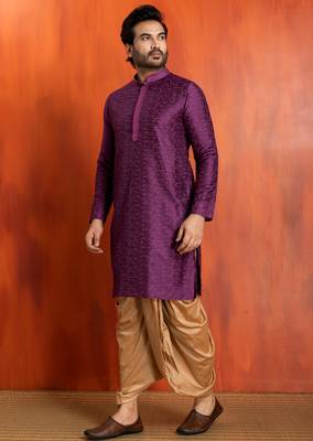 purple silk blend kurta dhoti set for men with printed work 2