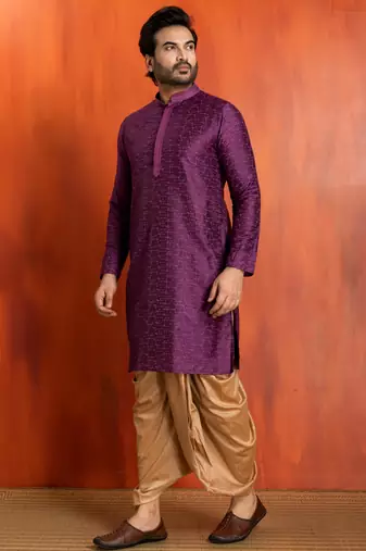 purple silk blend kurta dhoti set for men with printed work