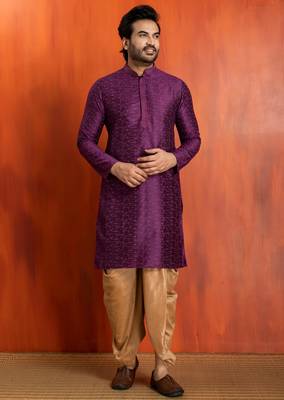 purple silk blend kurta dhoti set for men with printed work 3