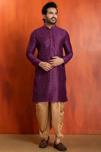 purple silk blend kurta dhoti set for men with printed work