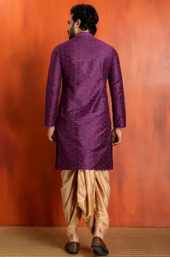 purple silk blend kurta dhoti set for men with printed work