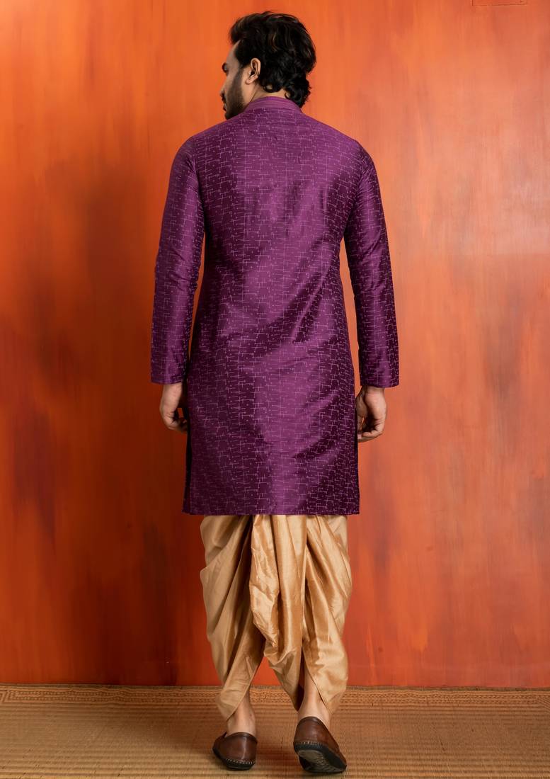 purple silk blend kurta dhoti set for men with printed work