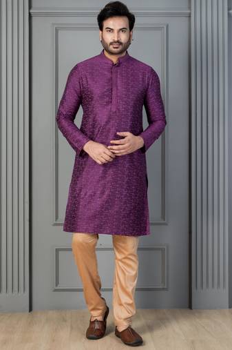 purple silk blend kurta pyjama set for men with printed work