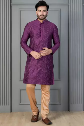 purple silk blend kurta pyjama set for men with printed work