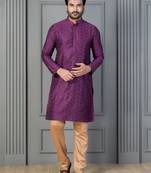 purple silk blend kurta pyjama set for men with printed work