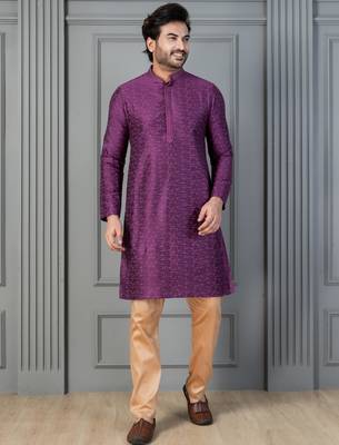 purple silk blend kurta pyjama set for men with printed work 3