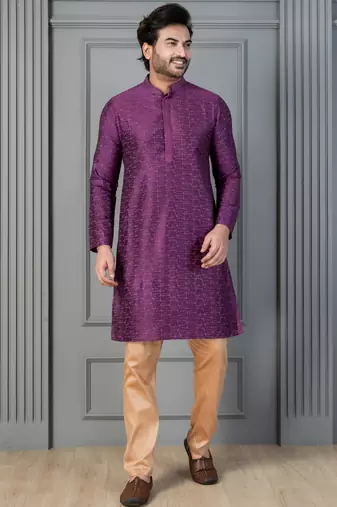 purple silk blend kurta pyjama set for men with printed work