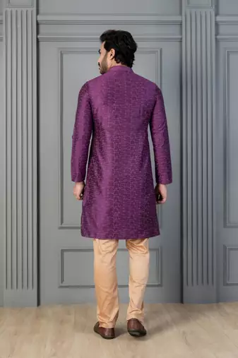 purple silk blend kurta pyjama set for men with printed work
