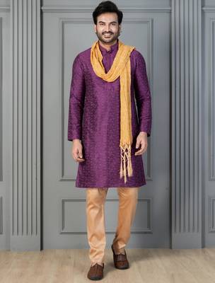 purple silk blend kurta payjama dupatta set for men with printed work 1