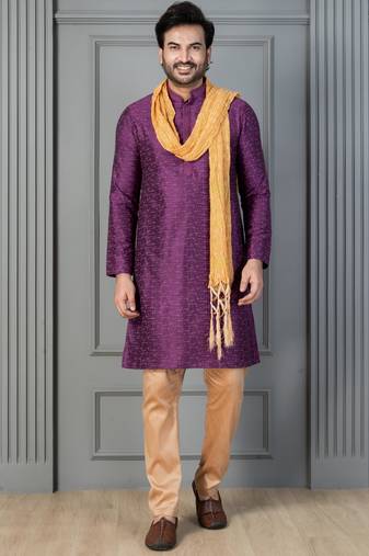 purple silk blend kurta payjama dupatta set for men with printed work