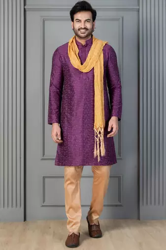purple silk blend kurta payjama dupatta set for men with printed work