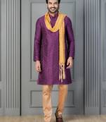 purple silk blend kurta payjama dupatta set for men with printed work