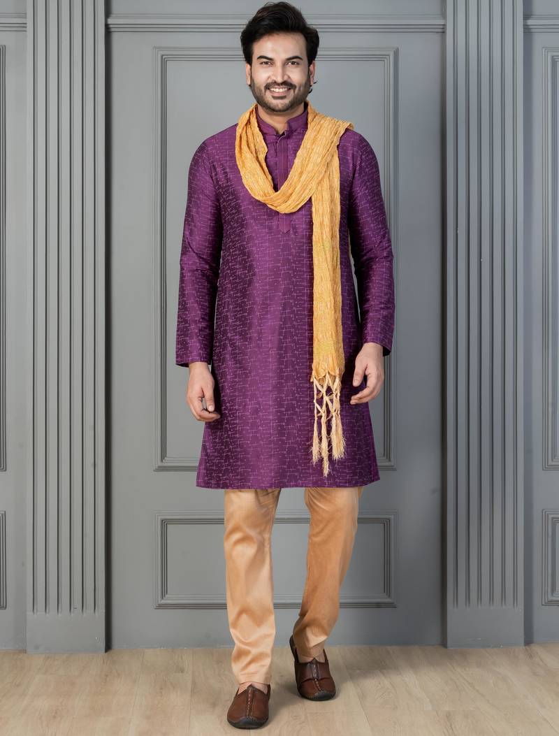 purple silk blend kurta payjama dupatta set for men with printed work