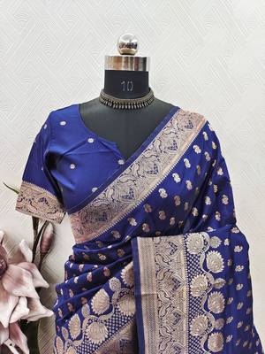Blue art silk blend banarasi jacuard work saree with unstitched blouse piece 7