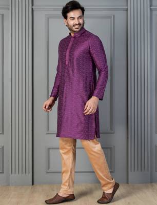purple silk blend kurta payjama dupatta set for men with printed work 3